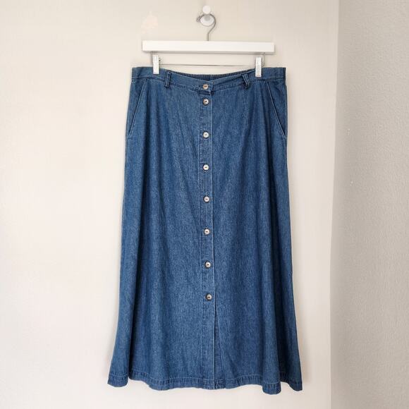 Vintage 80s Denim Midi Skirt Chambray Button Front A-Line Prairie Skirt  L - Picture 1 of 9